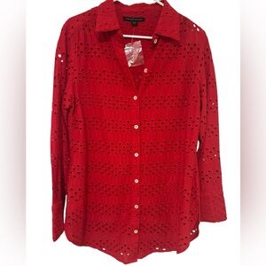Boston Proper cherry Red schiffli Eyelet collared long sleeve Button-Up Shirt
